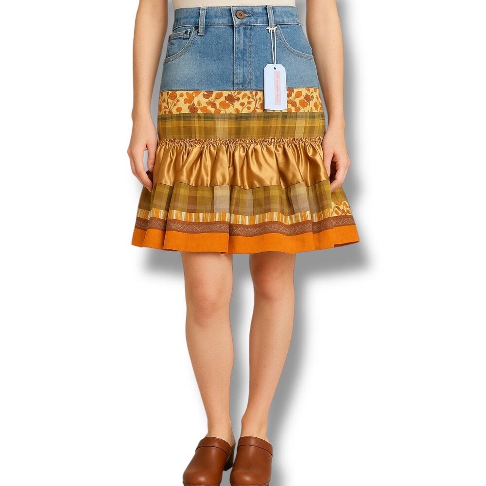 Vintage Y2K Levi’s Patchwork Tiered Ruffle Mini Skirt Denim Floral Plaid Satin
